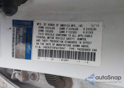 2015 Honda Accord Lx from USA, damaged, VIN 1HGCR2F39FA079947